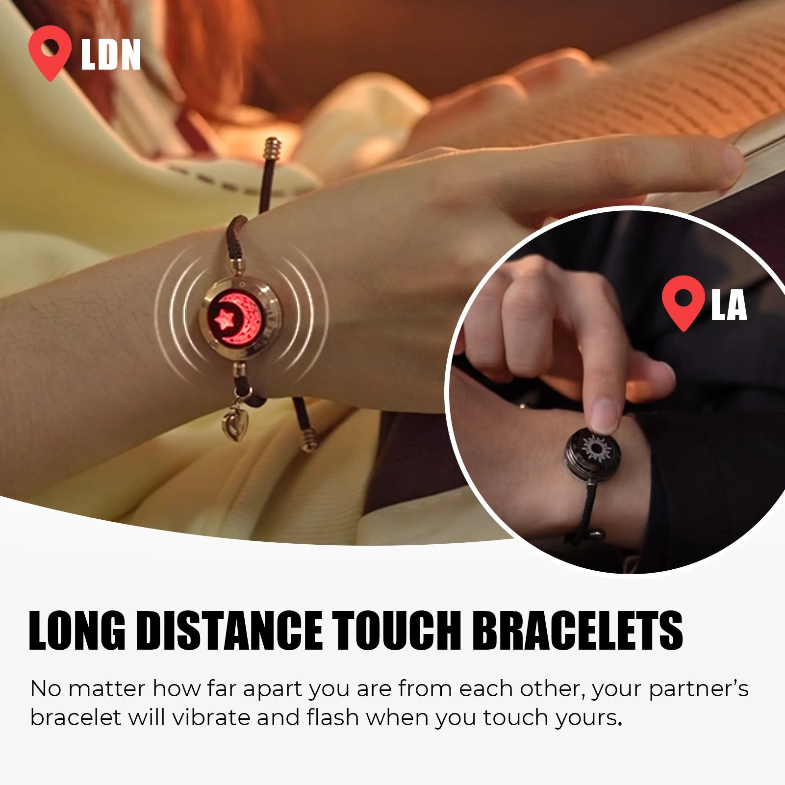 Totwoo Long Distance Touch Light Up&Vibrate Bracelets for Couples, Long Distance Relationship Gifts Smart Sun&Moon Love Bracelet