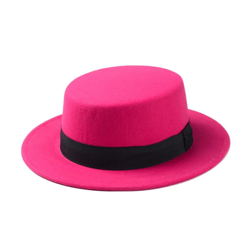 New Fashion Wool Pork Pie Boater Flat Top Hat for Women'S Men'S Felt Wide Brim Fedora Gambler Hat