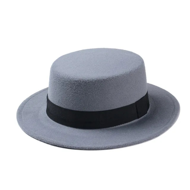 New Fashion Wool Pork Pie Boater Flat Top Hat for Women'S Men'S Felt Wide Brim Fedora Gambler Hat