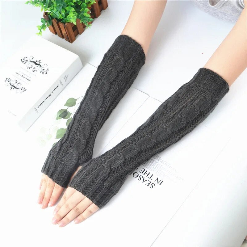 Women'S Long Fingerless Gloves Winter Punk Warm Oversleeves Knitted Half Finger Twist Arm Sleeve Mitten Keep Warm Arm Warmer