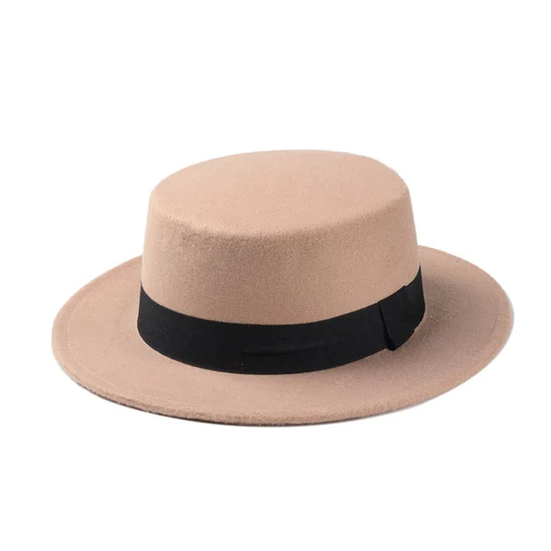 New Fashion Wool Pork Pie Boater Flat Top Hat for Women'S Men'S Felt Wide Brim Fedora Gambler Hat